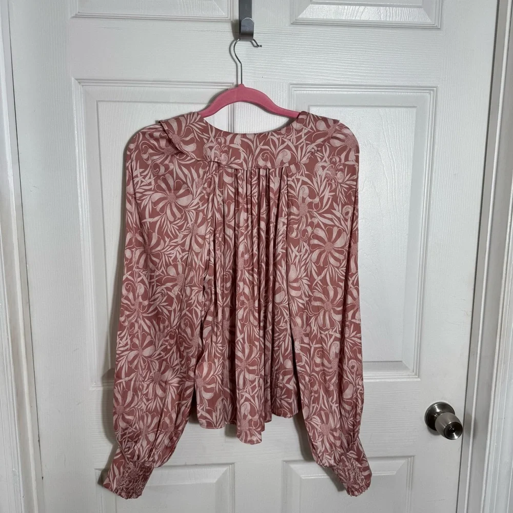Anthropologie Pink Floral Boho Blouse Size SM Ruffle Tie Neck Peasant - Picture 5 of 13